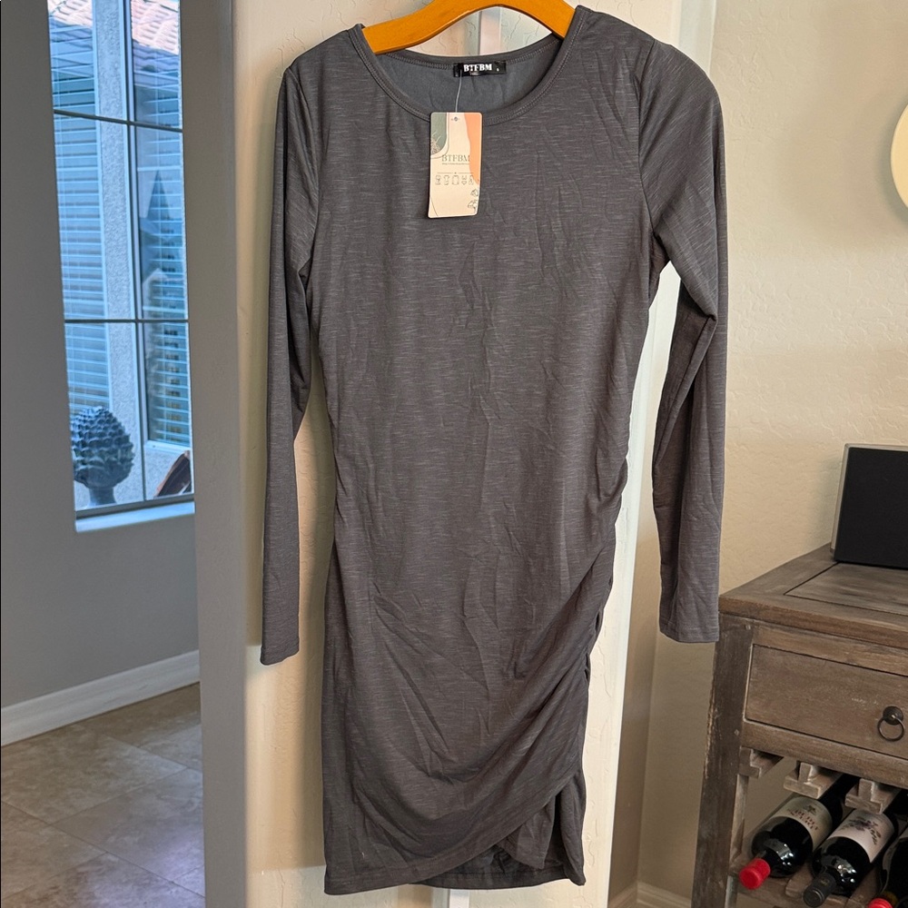 BTFBM Charcoal Long Sleeve Dress With gathered side for a flattering look